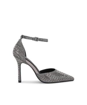 This KG Kurt Geiger Fleur Court Heel is crafted from a grey metallic fabric which is embellished with crystals. The toe is pointed and the heel is in a stiletto style. Heel height: 10cm.
