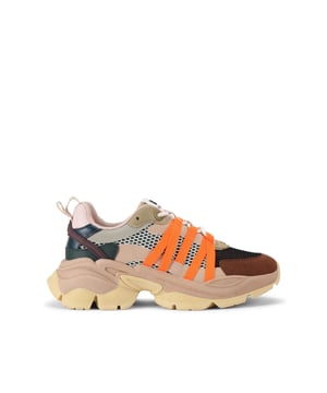 The Layla sneaker is a mesh style sneaker in neutral tones. There are bright orange tabs across the sides. The sole is pumped up in rubber.