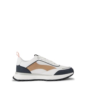This pair of Kai Sneakers feature a white base upper with navy panels and brown side panels. The front laces up with branding on the tongue. There is an orange KG Kurt Geiger tab at the back of the ankle.