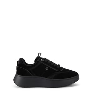 This KG Kurt Geiger Lemon Sneaker is crafted from a black micro suede. There are gunmetal branding details across the upper and the sole is in a chunky style.