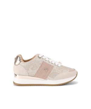 This KG Kurt Geiger Lina Laceup sneaker is crafted from a metallic snake printed fabric with a pale pink branded stripe down the side. There are white laces up the front and gold tone branding details.
