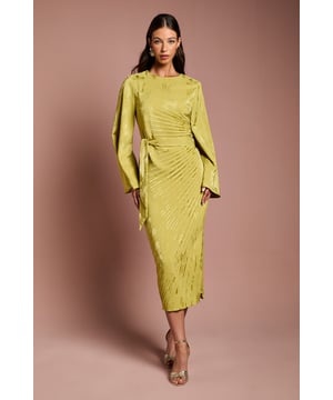 Elegant jacquard fabric with textured pattern throughout for a luxurious finish
        Dramatic flare sleeves create a statement silhouette perfect for special occasions
        Sophisticated high neckline balances the bold sleeve design beautifully
        Flattering pleated detailing across the bodice creates visual interest and structure
        Midi length design with subtle side split for ease of movement whilst maintaining elegance
    
    Make an unforgettable entrance at your next special event in this striking Coast midi dress. The exquisite jacquard fabric catches the light beautifully, whilst the artful pleating across the bodice creates a figure-flattering silhouette that contours the body with grace. The dramatic flare sleeves add a contemporary twist to this sophisticated design, perfect for those seeking something truly distinctive. Style with metallic strappy heels and statement earrings as shown for a polished occasion look. This versatile piece transitions effortlessly from daytime celebrations to evening affairs-wear to summer weddings, race day events or graduation ceremonies with a fascinator and clutch for traditional elegance, or dress down slightly with refined court shoes for elegant dinner engagements. The high neckline and midi length ensure a tasteful yet fashion-forward appearance that will turn heads for all the right reasons.