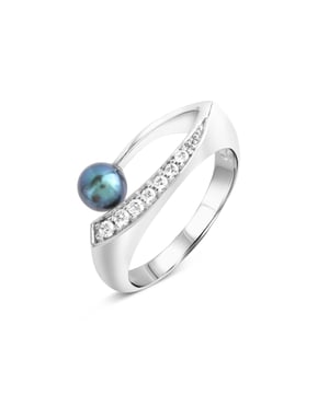 Zeeme Pearls - Damen-Ring aus 925 Sterling Silber rhodiniert mit schwarzer Perle und 7x Zirkonia weiß