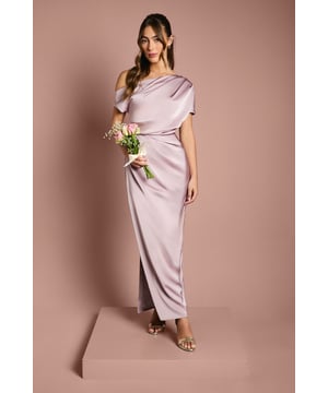 Satin Ruched Detail Off The Shoulder Maxi Bridesmaid Dress