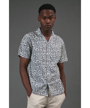 Navy Floral Print Revere Short Sleeve Shirt