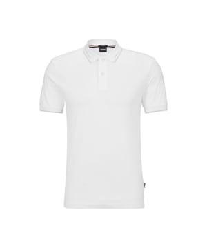 Mens BOSS Phillipson 115 Interlock Cotton Slim Fit Polo Shirt with jacquard stripes in white.A short-sleeved polo shirt in interlock cotton by BOSS Menswear. Cut to a defined fit for a neat silhouette  this polo shirt is detailed with jacquard stripes across the sleeves and chest. The collar and cuffs are finished with contrast tipping.- Slim fit- Neckline: Flat-knit collar- Number of buttons: 3- Short sleeves- No cuffs- Standard length- 100% Cotton.  Machine washable.- Ref: 50495697-100
