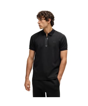 Mens BOSS Philix Cotton-Blend Polo Shirt in Drop-Needle Stretch Fabric in blackAn expertly engineered polo shirt by BOSS Menswear. Featuring a zip placket and logo  this regular-fit piece is created in drop-needle stretch fabric. - Regular fit- Flat-knit collar- Fastening top: Zip closure- Short sleeves- Flat-knit cuffs- Standard length- 74% Cotton  19% Polyester  7% Elastane.  Machine washable.- Ref: 50532954-001