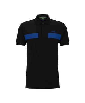 Mens BOSS Paule 2 Cotton-Blend Slim-Fit Polo Shirt with striped tape in black.A slim-fit polo shirt in an active-stretch cotton-blend piqué with striped tape and logo embroidery by BOSS Menswear.- Slim fit- Neckline: Flat-knit collar- Number of buttons: 2- Short sleeves- Flat-knit cuffs- Standard length- 56% Cotton  39% Polyester  5% Elastane.  Machine washable.- Ref: 50494310-001