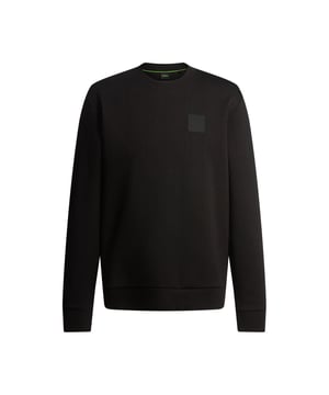 Mens BOSS Salbo Sweatshirt with Drop-Needle Stitching in blackA straight-fit sweatshirt by BOSS Menswear. Featuring a logo badge  this layer is made in a stretch blend with drop-needle stitching.    - Regular fit- Neckline: Crew neck- Long sleeves- Ribbed cuffs- Standard length- 78% Cotton  18% Polyester  4% Elastane.  Machine washable.- Ref: 50534193-001