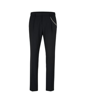 Mens HUGO Hesten 231E1X Wool Blend Extra Slim Fit Trousers with chain detail in black- Extra slim fit- Four pocket styling- Hook and zip closure- Chain detail- Satin trim to sides- Partially lined- Main material: 76% Virgin wool  21% Polyester  3% Elastane.  Dry clean.- Ref: 50483152-001