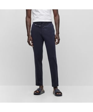 Mens BOSS C-Genius-D-RDS-234F Slim Fit Stretch Trousers with Drawstring Waist in dark blueSlim fit trousers made from stretch fabric with drawstring waistband.- Slim fit- Mid rise- Hook and zip closure- Elasticated waist with drawstring- Front slant pockets- Rear buttoned welt pockets- 64% Lyocell  34% Cotton  2% Elastane.  Machine washable.- Ref: 50501880-404