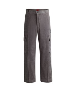 Mens HUGO Grady244 Regular Fit Cargo Trousers in Cotton Corduroy in medium greyTrend-driven cargo trousers made in cotton corduroy by HUGO. This pair is cut to a straight fit for a casual silhouette.- Regular fit.- Button and zip closure.- Belt loops.- Side pockets and back welt pockets.- Side cargo pockets.- Straight leg.- Main material: 100% Cotton.  Pocketing: 65% Polyester  35% Cotton.  Machine washable.- Ref: 50521138-034