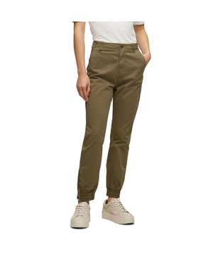 Dames BOSS C Tajula-D Jogger chino's in donkergroen- Gulp met rits en knoopsluiting- Knopdetail op tailleband- Schuine zakken voor- Paspelzakken achter- Elastische manchetten met enkelritsen- 97% Katoen 3% Elastaan.  Machinewasbaar.- Ref: 50489942-303