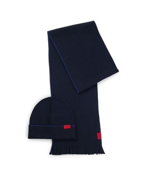Mens HUGO Zaschel Logo Label Hat and Scarf Set with Wool in navyA minimalist accessory set  blended with virgin wool  by HUGO. The hat and scarf are each detailed with contrast stripes and red logo labels.- Scarf approx. dimensions: Length 172cm x Width 23cm- 50% Virgin wool  50% Polyacrylic.  Hand wash - Dry clean.- Ref: 50517757-410