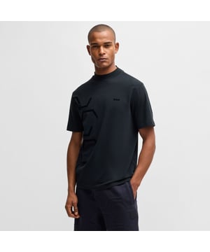 Mens BOSS Tock Hexaquilt Stretch-cotton T-shirt with graphic hexagonal artwork in dark blueCut to a relaxed fit  BOSS Menswear's T-shirt has tonal hexagonal artwork for a dynamic look. Stretch-cotton jersey  mock neckline  branding.- Relaxed fit- Crew neck- Short sleeves- Standard length- 95% Cotton  5% Elastane.  Machine washable.- Ref: 50531570-402