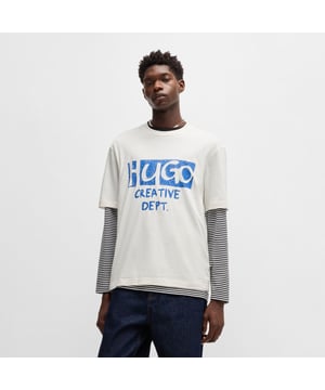Mens HUGO Nugocrea Cotton-jersey T-shirt with logo artwork in open whitePrinted with fresh logo artwork at the chest  this HUGO Menswear T-shirt is great for refreshing your casual collection. - Regular fit.- Skin-friendly jersey. - Crew neck- Short sleeves- Standard length- 100% Cotton.  Machine washable- Ref: 50533329-121