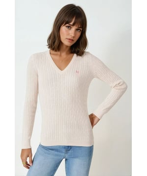 This stylish and comfortable V-Neck Cable Knit Jumper is made from pure cotton. The iconic cable twist design adds a touch of elegance. The light fine knit and longer length provide a flattering fit. Perfect for transitional season into Spring and Summer.