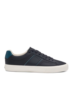 Mens BOSS Aiden Faux-Leather Trainers with plain and grained textures in open blue.Sporty trainers with piping and debossed branding by BOSS. This pair is crafted in synthetic coated fabric with grained and plain finishes. Synthetic coated fabric  sometimes referred to as faux leather  is a fabric designed to resemble real leather  and-or display a matte  glossy  smooth  or textured  coated appearance. - Laces- Fully lined- Packaging: Box- Upper material: 60% Polyurethane  40% Polyester.  Lining: 100% Polyester  85% Polyester  15% Polyurethane.  Sole: 100% Rubber.  Innersole: 100% Polyester.- Ref: 50522833-464
