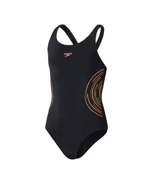 Speedo Placement Muscleback One-Piece Swimsuit. Feel confident and streamlined wearing our sporty black Muscleback, featuring a dynamic drop-ripple graphic in orange. A favourite amongst young swimmers, the muscleback style features thick straps that free up the shoulder blades to allow a full range of motion in lessons and training. Ideal for regular pool sessions, our EnduraFlex fabric offers higher chlorine resistance than standard swimwear fabrics and fits like new for longer with CREORA® HighClo™. In addition, nylon yarns in the EnduraFlex fabric are made from 100% pre-consumer waste, such as waste fabric from factories. Ref: 80832417523.