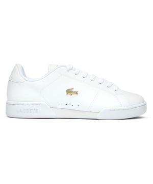 The Lacoste Carnaby Cup delivers timeless court style with a modern twist. Crafted from quality leather, these women's white trainers showcase elegant metallic accents that catch the light with each step. The robust rubber cup sole provides excellent stability, while signature Lacoste branding adorns the tongue, heel, and quarter - subtle reminders of the heritage behind these sophisticated sneakers. Perfect for casual outings or dressing up your weekend attire.