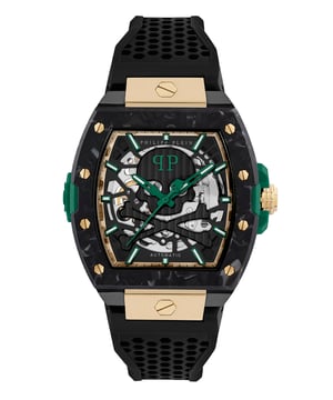 Die Philipp Plein $keleton Analoguhr für Herren ist das perfekte Zeitmessgerät, um es zu tragen oder zu verschenken. Das schwarze 44 mm Tonneau-Gehäuse kombiniert mit dem bequemen schwarzen Silikonarmband gewährleistet, dass Sie dieses beeindruckende Zeitstück ohne Kompromisse genießen können. Angetrieben von einem hochwertigen Automatikwerk und wasserdicht bis 5 Bar, wird Ihre Uhr weiterhin ticken. Fühlen Sie das Inferno an Ihrem Handgelenk. Die $keleton 2.0 von Philipp Plein ist für SS25 zurück, eine disruptive Neugestaltung der ikonischen Tonneau Automatik-Uhr, gefertigt aus einem kühnen neuen Metallarmband und gewagten Farbkombinationen. Diese Analoguhr ist mit leuchtenden Zeigern und leuchtenden Ziffern ausgestattet, das hochwertige schwarze Silikonarmband misst 21 cm in der Länge und 18,5 mm in der Breite und ist mit einer Schnalle versehen. Gehäusemaße: 42 x 44 mm, Gehäusedicke: 10 mm, Gehäusefarbe: Schwarz und Ziffernblattfarbe: Schwarz.