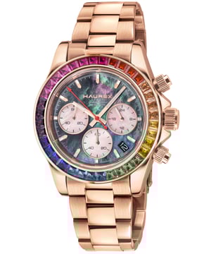 Haurex Italy:Arcobaleno SS/IPRG Case, Multi colored   Bezel, Black Dial, SS/IPRG Bracelet Watch
