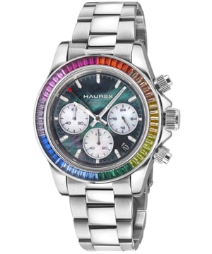 Haurex Italy:Arcobaleno 316L Stainless Steel Case, Multi Colored Bezel, Black Dial, Stainless steel Bracelet Watch
