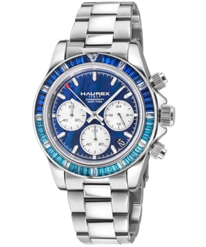 Haurex Italy:Arcobaleno 316L Stainless Steel Case, Blue/torq Bezel, Blue Dial, Stainless steel Bracelet Watch. Haurex 4A515UBB Men's Italy Arcobaleno Watch

Haurex Men's Watch from the Arcobaleno Collection
39.5mm Round 316L Stainless Steel Case, Blue MOP
Blue MOP Dial, Date at 3 o'clock
Screw Down Crown, Silver Case back
316L Stainless Steel Bracelet With Deployment Buckle
Anti-reflective Sapphire Crystal
Water Resistant to 100 Meters/10ATM