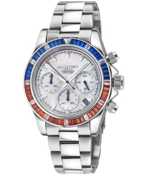 Haurex Italy:Arcobaleno 316L Stainless Steel Case, Blue/Orange Bezel, White Dial, Stainless steel Bracelet Watch