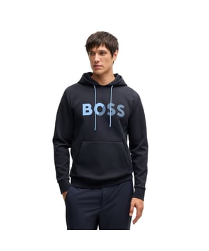 Mens BOSS Soody Regular-Fit Hoodie with logo print in dark blueA signature hoodie designed in stretch cotton by BOSS Menswear. This piece is cut to a straight fit and printed with BOSS branding.- Regular fit- Neckline: Hooded- Pockets top: Kangaroo pocket- Long sleeves- Ribbed cuffs- Standard length- Main material: 73% Cotton  21% Polyester  6% Elastane.  Lining: 100% Polyester.  Machine washable.- Ref: 50535116-402