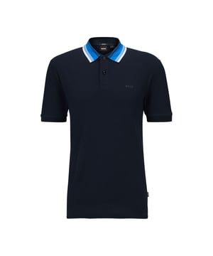 Mens BOSS Phillipson 118 Cotton-Piqué Slim-Fit Polo Shirt with Striped Collar in dark blueA contemporary polo shirt by BOSS Menswear. Cut to a slim fit in pure cotton with a honeycomb structure  this short-sleeved polo shirt is printed with a BOSS logo at the left chest. The collar is detailed with color-blocked stripes.- Slim fit- Short sleeves- 100% Cotton.  Machine washable.- Ref: 50495709-404