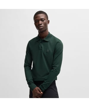Mens BOSS Passerby Stretch Cotton Slim Fit Polo Shirt with logo patch in open green.A signature polo shirt with a tonal logo patch by BOSS. This slim-fitting top is crafted in washed stretch piqué for comfort.- Slim fit- Flat-knit collar- Number of buttons: 2- Long sleeves- Flat-knit cuffs- 95% Cotton  5% Elastane.  Machine washable.- Ref: 50507704-350