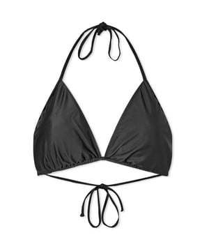 • Brand: GANNI
 • Material: 78% Recycled Polyester 22% Elastane
 • Design: This unpadded triangle top features adjustable spaghetti straps that can be styled as a halterneck or over-the-shoulder, offering versatility and comfort. A subtle gold-tone logo hardware at the front adds a touch of elegance, while the self-tie back fastening ensures a customizable fit
 • Colour: Black
 • Style: Ideal for beach outings, poolside lounging, or summer vacations, this top offers both style and functionality
