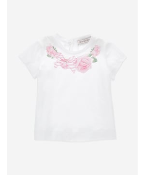 Monnalisa's dreamy Avant-Garde aesthetics are both charming and divine. This baby girls white short sleeve t-shirt is woven in soft and comfortable jersey. It has a rose print on the neckline for a romantic touch and a back button closure for easy dressing. Round Neck Straight Hem 100 Cotton