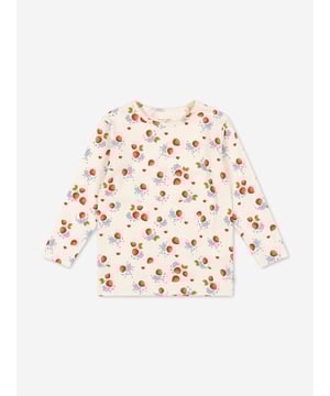 Konges Sløjd incorporate beautiful, eco-friendly technology into their charming aesthetics. This girls marmalade long sleeve t-shirt is woven from refined organic cotton. Adorned with an array of bright red strawberries all over for a cute, charming spring-time look. 95 Organic Cotton, 5 Elastane