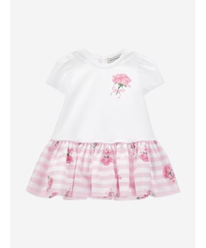 Monnalisa weave beautiful high quality materials with traditional archives. This baby girls dress embodies the Italian label's preference for fashion via a new romantic perspective. The top is crafted from soft jersey with a gathered poplin flounce, gathered armholes, hinted sleeves, and a pink print on the yoke. Made in Italy Round Neckline Teardrop Fastening On Back 95 Cotton, 5 Elastane Spandex 100 Organic Cotton GOTS Certified