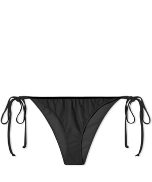 • Brand: GANNI
 • Material: 78% Recycled Polyester 22% Elastane
 • Design: These briefs feature a minimalist design with a low-rise fit and side-tie closures, allowing for an adjustable and personalized fit. The standout feature is the bold GANNI logo printed on the back, adding a touch of branding to the sleek black base
 • Colour: Black
 • Style: These bikini briefs offer a contemporary and understated look, making them versatile for various beach and poolside settings. The low-rise design and side-tie closures provide a flattering fit that can be adjusted to preference