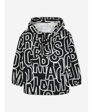 Marc Jacobs embody high quality detailing and beautiful precision in their aesthetic portraits. This boys black sports jacket is woven in a hooded windbreaker design. It features jumbled logo two-tone allover print with a flap pocket on the front, zipped collar, and a branded hook and loop fastening. MARC JACOBS Branded Woven Label 100 Polyamide