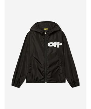 Off-White combine streetwear and architecture to create spellbinding everyday pieces. This unisex black sports jacket is made in a logo windbreaker design with a distinctive logo print. Front Zip Fastening Classic Hood Two Side Slit Pockets Elasticated Cuffs Polyamide 100