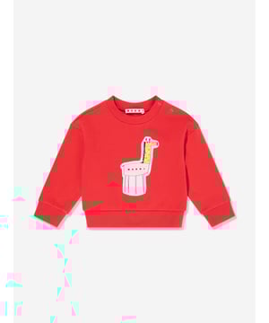 Marni's vintage archives are incorporated with care and spellbinding craftsmanship. This baby unisex sweatshirt has a striking print of a drawn giraffe on the front. Long Sleeves Snap Button Closure Ribbed Construction Crew Neck 100 Cotton
