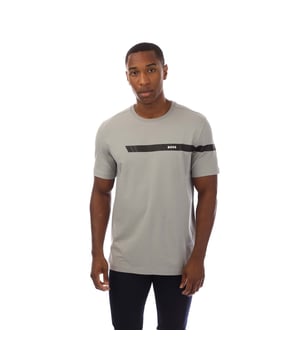 Mens BOSS Stretch-cotton T-shirt with stripe and logo in medium greyA short-sleeved T-shirt by BOSS Menswear  cut to a straight fit in stretch-cotton jersey with a sporty printed stripe and logo.- Regular fit- Crew neck- Short sleeves- Standard length- 95% Cotton  5% Elastane.  Machine washable- Ref: 50501227-039