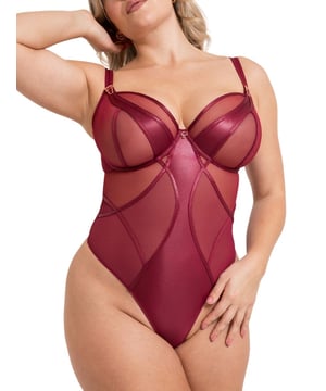 Curvy Kate Scantilly Suspense Plunge Bodysuit. Underwired non-padded plunge bodysuit with sheer mesh cups, contouring satin panels and rose gold hardware. This product is recommended as hand wash only.