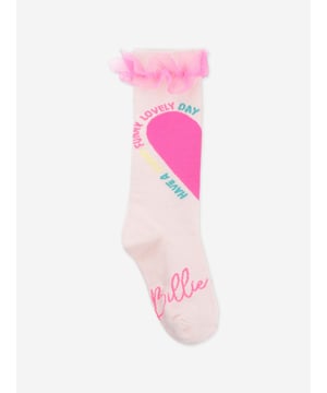 Billieblush deliver a fun enigmatic attitude in their stylish abstracts. These girls pink socks showcase a large, neon pink heart on the front of the shaft with "Have A Sunny Funny Lovely Day" printing. Ruffle Of Neon Pink Tulle Regular Length Shaft Elastic Edge 58 Cotton, 28 Polyester, 12 Acrylic, 2 Elastane