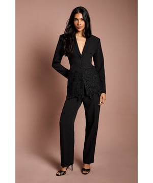 Tailored crepe blazer with elegant lace trim detailing along the hemline
        Sophisticated V-neckline with single-breasted button fastening
        Fitted silhouette that accentuates the waistline for a flattering shape
        Long sleeves with subtle structured shoulders for a refined look
        Versatile design suitable for formal occasions and evening events
    
    This exquisite Coast blazer combines timeless tailoring with delicate lace detailing for a contemporary twist on occasion wear. The fitted silhouette creates a beautifully feminine shape, whilst the crepe fabric offers structure with comfortable movement. Style with the matching trousers as seen for a sophisticated coordinated ensemble, or pair with a sleek midi skirt for an alternative take on formal dressing. Perfect for weddings and race day events, this blazer can be dressed up with statement earrings and a clutch bag. For evening occasions, layer over a silk camisole with tailored trousers and strappy heels. The versatile design ensures this piece will become a cornerstone of your occasion wardrobe, offering endless styling possibilities whilst maintaining an air of understated elegance.