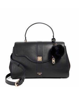 Dassios is the chic day bag that balances polish with practicality. Crafted with a contrasting textured side panel for a subtle style twist, it features a sleek turn-lock closure and a structured top handle for timeless appeal. Inside, the monogrammed lining reveals two spacious compartments, one zipped for added security and to keep essentials neatly organised. Carry it by hand for a sophisticated look, or attach the optional long strap for a hands-free cross-body style. Finished with a removable logo and plush faux-fur pom-pom charm, Dassios is your go-to for effortless everyday elegance.