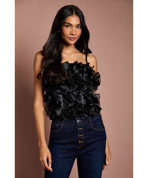 Strapless bandeau design with delicate adjustable straps for versatile styling options
        Luxurious organza fabric with dramatic ruffle detailing across the bodice
        Textured 3D floral effect creates eye-catching dimension and movement
        Elegant regular fit with a fully lined interior for comfort and structure
        Sophisticated cropped length perfect for high-waisted bottoms
    
    This striking Coast cami top presents a masterclass in occasion dressing with its show-stopping ruffle detail. The strapless bandeau design with optional thin straps offers styling flexibility, whilst the textured organza creates a captivating floral effect that catches the light beautifully. Style with tailored high-waisted trousers and pointed court shoes for sophisticated wedding guest attire, or pair with a sleek pencil skirt for summer garden parties and race day events. The regular fit ensures comfort without compromising on elegance, making this piece ideal for dancing the night away at formal celebrations. For cooler evenings, layer with a fitted blazer to maintain the silhouette's refined structure whilst adding a touch of contemporary sophistication to your occasion ensemble.