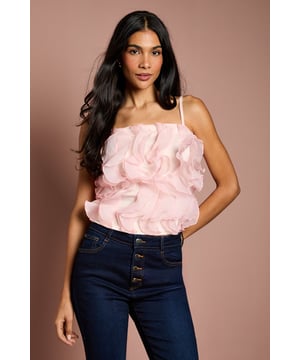 Strapless bandeau design with delicate adjustable straps for versatile styling options
        Luxurious organza fabric with dramatic ruffle detailing across the bodice
        Textured 3D floral effect creates eye-catching dimension and movement
        Elegant regular fit with a fully lined interior for comfort and structure
        Sophisticated cropped length perfect for high-waisted bottoms
    
    This striking Coast cami top presents a masterclass in occasion dressing with its show-stopping ruffle detail. The strapless bandeau design with optional thin straps offers styling flexibility, whilst the textured organza creates a captivating floral effect that catches the light beautifully. Style with tailored high-waisted trousers and pointed court shoes for sophisticated wedding guest attire, or pair with a sleek pencil skirt for summer garden parties and race day events. The regular fit ensures comfort without compromising on elegance, making this piece ideal for dancing the night away at formal celebrations. For cooler evenings, layer with a fitted blazer to maintain the silhouette's refined structure whilst adding a touch of contemporary sophistication to your occasion ensemble.
