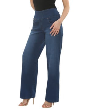 These MYT women's elasticated waist stretches wide leg jeans are designed with a high waist for tummy control, offering abdominal support and a streamlined hip cut that enhances and highlights your natural figure. --.  They feature practical functionality with two front pockets, two back pockets, two cargo pockets and a single coin pocket. - -. The straight wide-leg design helps elongate the leg line and pairs effortlessly with boots, shoes, flats, or trainers, making them the perfect choice for everyday wear.