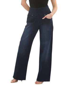 These MYT women's elasticated waist stretches wide leg jeans are designed with a high waist for tummy control, offering abdominal support and a streamlined hip cut that enhances and highlights your natural figure. --.  They feature practical functionality with two front pockets, two back pockets, two cargo pockets and a single coin pocket. - -. The straight wide-leg design helps elongate the leg line and pairs effortlessly with boots, shoes, flats, or trainers, making them the perfect choice for everyday wear.