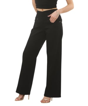 These MYT women's elasticated waist stretches wide leg jeans are designed with a high waist for tummy control, offering abdominal support and a streamlined hip cut that enhances and highlights your natural figure. --.  They feature practical functionality with two front pockets, two back pockets, two cargo pockets and a single coin pocket. - -. The straight wide-leg design helps elongate the leg line and pairs effortlessly with boots, shoes, flats, or trainers, making them the perfect choice for everyday wear.